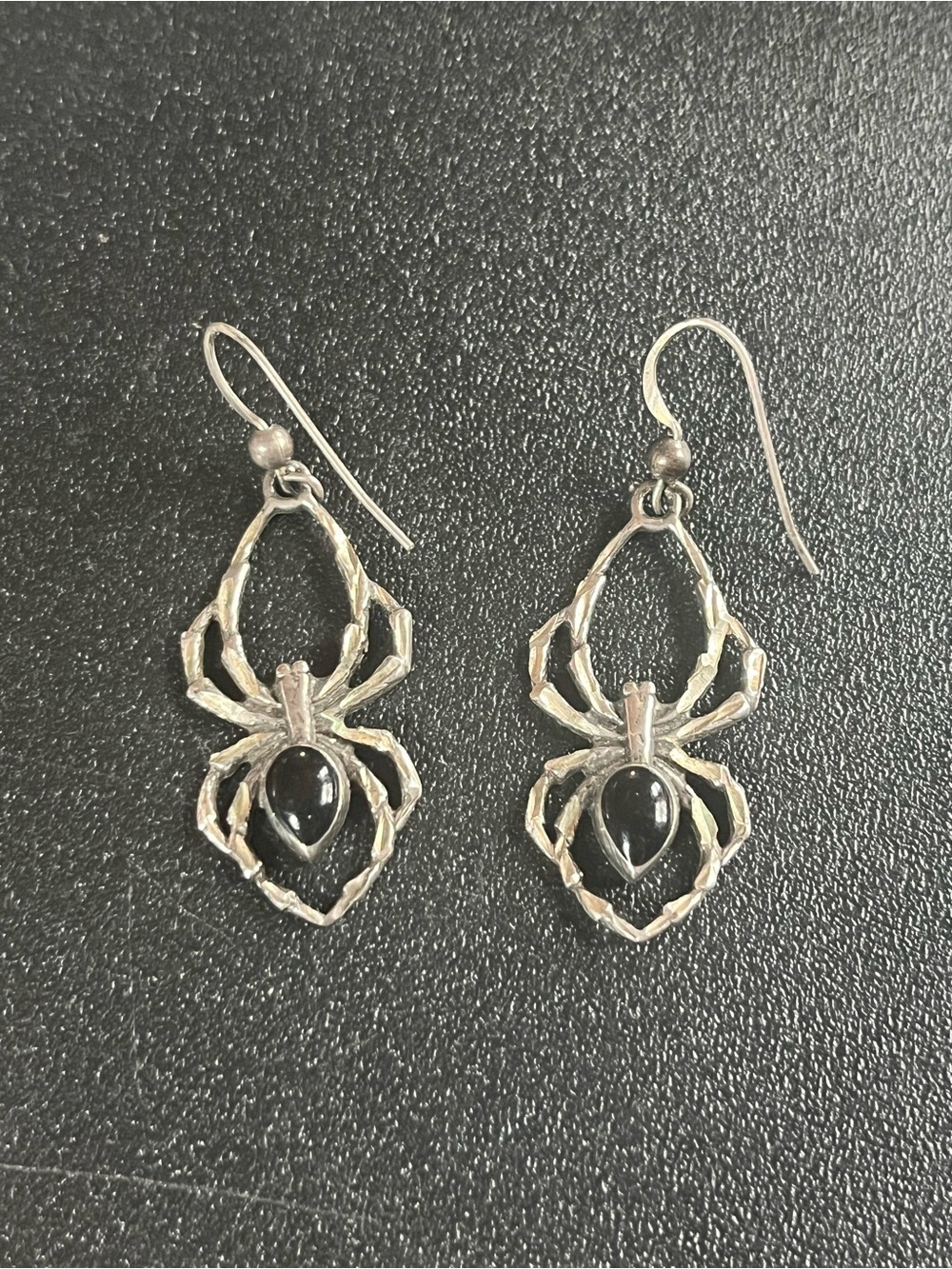Sterling Silver Spider Drop Earrings with Black Onyx Bodies. Halloween spooky